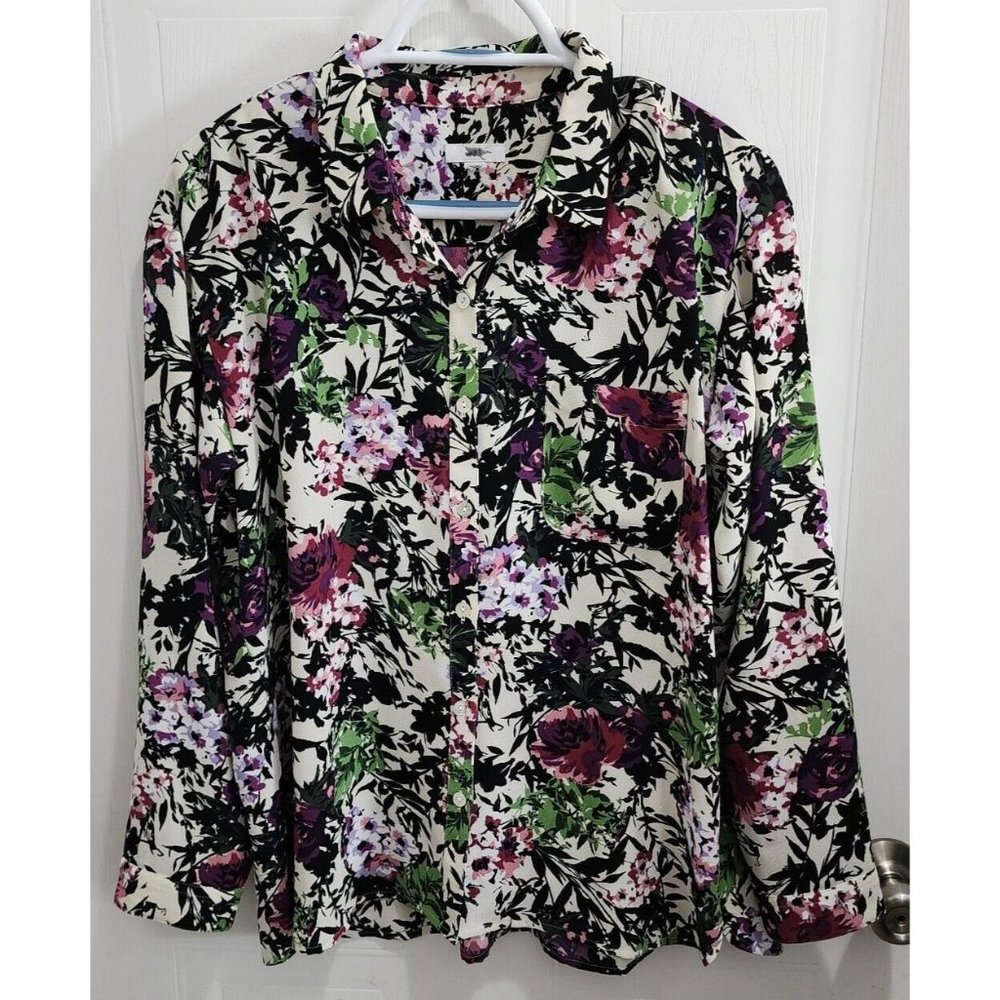 J. Jill Women's Long Sleeve Collared Button Up Blouse Top Polyester Floral Sz XL
